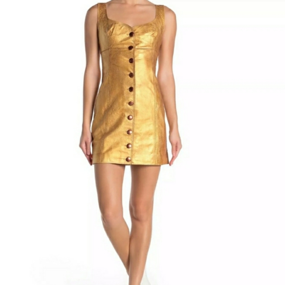 FREE PEOPLE Leather Metallic Gold Mini Dress Holiday Party New Years Eve Sz.4